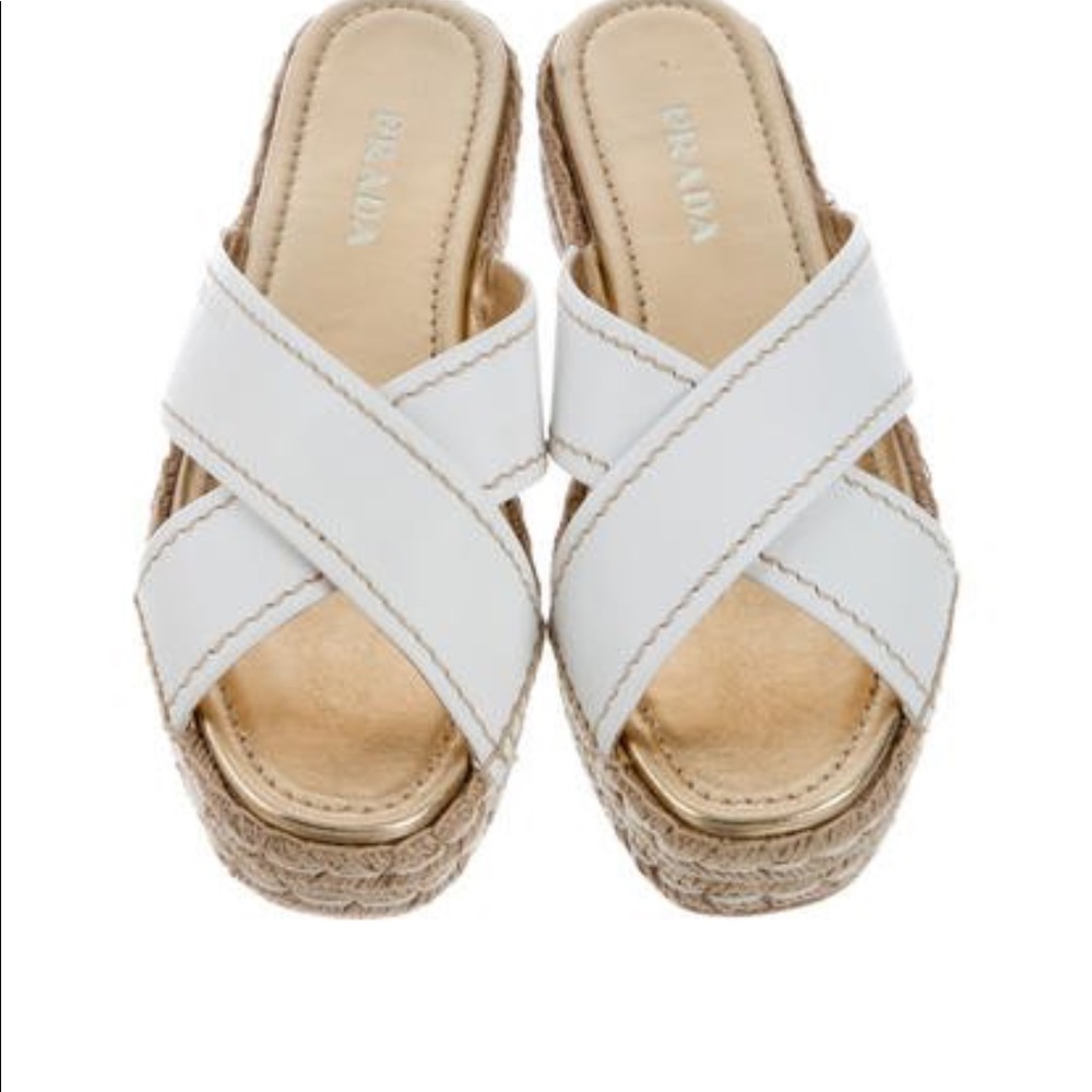 Prada white & gold crossover platform espadrilles